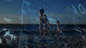 mother leading children walking on sunset beach as map and chart overlays sliding illustrating data. Silhouette, family, shoreline, sunset, digital graphics, data visualization, natural environment - Powered by Shutterstock - Get 15% off with code: PIKWIZARD15