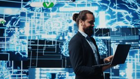 Young entrepreneur reviewing predictive analytics and machine learning algorithms. The digital interface reflects innovation, coding, AI ethics and platforms transformation. Camera B. - Powered by Shutterstock - Get 15% off with code: PIKWIZARD15