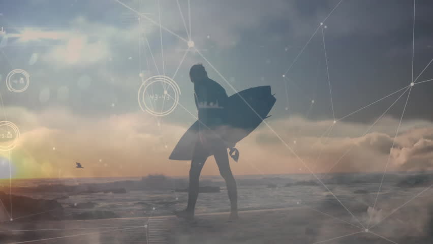 Surfer carrying board entering sunset shore for surfing while tech overlay showing dogs running. Coastal, adventure, futuristic, outdoor, tranquility, motion, companionship