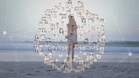 Walking barefoot woman forming tech network sphere, entering surf as pulsing pic tiles dissolving. Futuristic, connectivity, digital, innovation, serene, abstract, movement - Powered by Shutterstock - Get 15% off with code: PIKWIZARD15