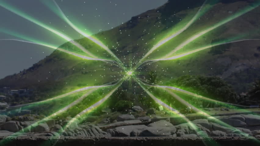 Man emerging from right edge jogging along rocky path with pulsing green overlay in health tech. Landscape, fitness, motion, digital art, scenic, wellness, outdoor - Powered by Shutterstock - Get 15% off with code: PIKWIZARD15