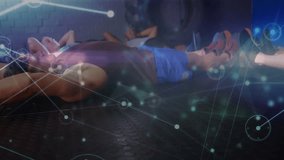 On instructor signaling, fitness group doing V-hold lifts to strengthen core with network graphics. Fitness, group, exercise, strength, workout, training, motivation - Powered by Shutterstock - Get 15% off with code: PIKWIZARD15