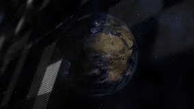 Rotating Earth globe floating in space, sliding stripes, tracing blue trails, forming network graph. Global, technology, digital, connectivity, data, network, science - Powered by Shutterstock - Get 15% off with code: PIKWIZARD15