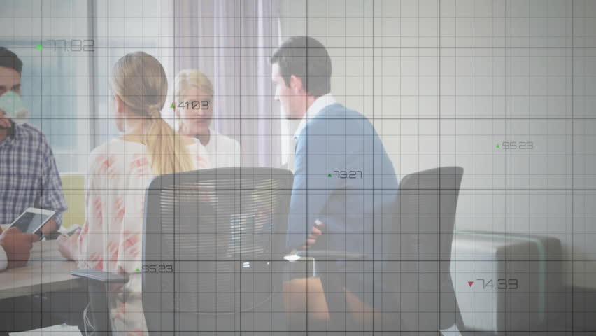 Team sharing tablet data at table reviewing business metrics as red downward graph overlays values. Collaboration, analytics, teamwork, projection, corporate, discussion, modern - Powered by Shutterstock - Get 15% off with code: PIKWIZARD15