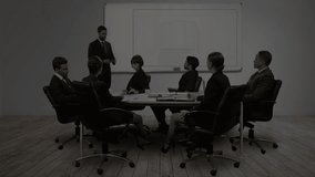 Presenter clicking remote and drawing on board, social media charts emerging while briefing team. Corporate, presentation, analytics, teamwork, data visualization, digital, professional - Powered by Shutterstock - Get 15% off with code: PIKWIZARD15