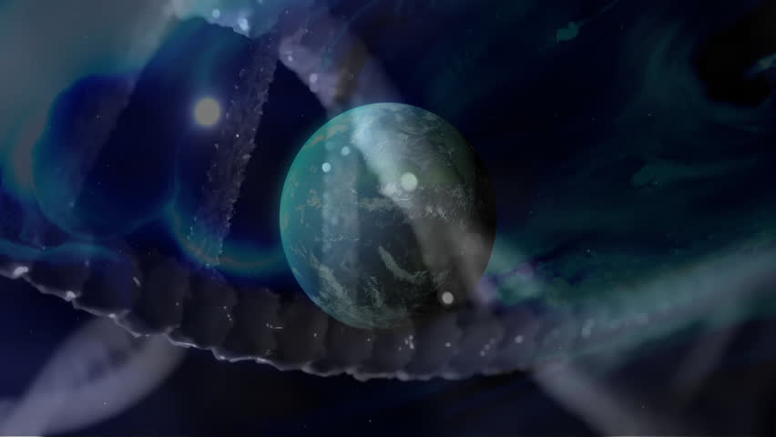 At sequence start DNA helix drifting in and Earth rotating symbolizing cosmic DNA link over stars. Cosmos, universe, molecules, science, discovery, modern, technological