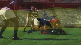 Red-jersey players contesting ruck after tackle on grass, securing ball and launching pass in rugby. Athletes, teamwork, competition, intensity, strategy, motion, sport - Powered by Shutterstock - Get 15% off with code: PIKWIZARD15