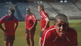 Rugby player bending and stepping forward, amplifying shout into mic for rallying in stadium. Athletes, sports, teamwork, competition, adrenaline, endurance, outdoor - Powered by Shutterstock - Get 15% off with code: PIKWIZARD15