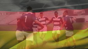 Eight rugby players entering pitch holding ball and forming huddle while exchanging rallying calls. Team, camaraderie, athletics, teamwork, sport, competition, energic - Powered by Shutterstock - Get 15% off with code: PIKWIZARD15