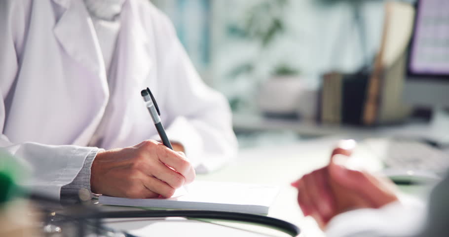 Hands, doctor and writing prescription with patient for sick note and health report. People, medical consultation and paper in hospital for dosage instruction, medicine script and treatment plan