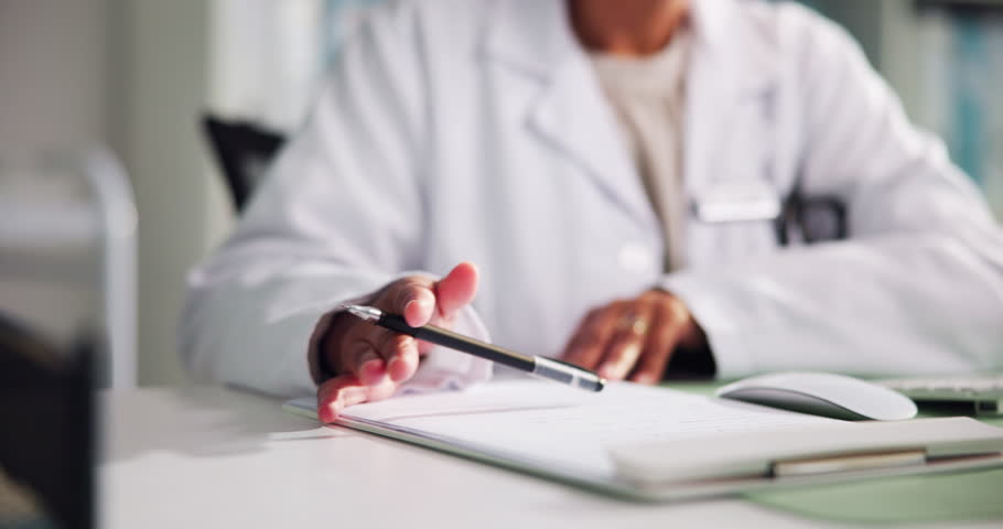 Thinking, writing and hands of doctor in office at hospital for prescription, sick note or report. Ideas, pen and healthcare worker with clipboard for medical research with planning for diagnosis.