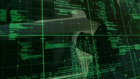 Woman typing code on laptop desk causing green grid and code overlay shifting for technology demo. Programming, software development, cybersecurity, digital technology, innovation, data analysis, tech - Powered by Shutterstock - Get 15% off with code: PIKWIZARD15