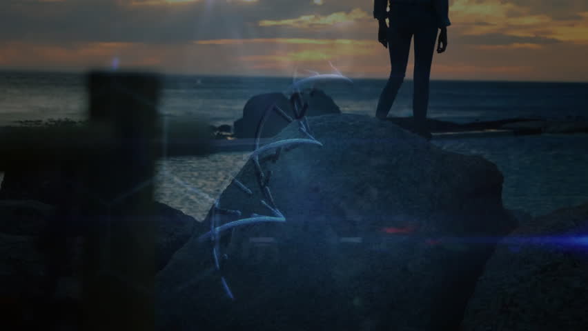 Woman on rock lowering smartphone, initiating tech art with swirling neon helix and INNOCENT code. Silhouette, digitalart, nature, serenity, innovation, inspiration, futuristic