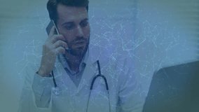 Doctor holding phone to ear glancing at laptop while code streaming padlock securing medical data. Technology, cybersecurity, digital health, innovation, professional, data protection, modern - Powered by Shutterstock - Get 15% off with code: PIKWIZARD15