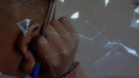 Teenage boy raising hand activating holographic globe over network lines for classroom learning. Futuristic, education, technology, digital, innovation, collaboration, virtual - Powered by Shutterstock - Get 15% off with code: PIKWIZARD15