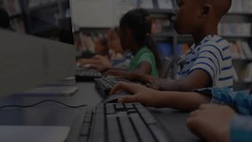 Students typing in library with edtech icon fading above keys and network expanding to show growth. Collaboration, education, digital, connectivity, technology, teamwork, innovation - Powered by Shutterstock - Get 15% off with code: PIKWIZARD15