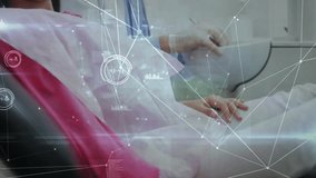 Dentist initiating rinse while child giving thumbs-up as network overlay animating dental metrics. Pediatric, healthcare, digital, examination, relaxation, professionalism, technology - Powered by Shutterstock - Get 15% off with code: PIKWIZARD15