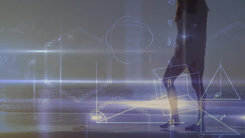 Woman walking beachside bending and picking object activating wireframe graphics for analysis. Futuristic, technology, innovation, holography, data visualization, natural, serene - Powered by Shutterstock - Get 15% off with code: PIKWIZARD15