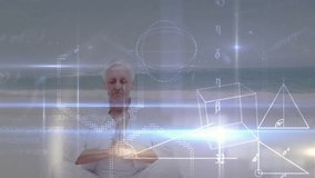 Woman sitting on beach mat, data shapes forming around guiding meditation flow for health. Meditation, wellness, tranquility, futurism, spirituality, mindfulness, relaxation - Powered by Shutterstock - Get 15% off with code: PIKWIZARD15