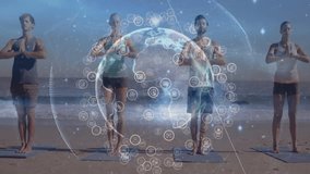 Yoga group standing at shoreline with data globe fading in and causing shifting into tree pose. Balance, mindfulness, ambient, serenity, connection, fitness, harmony - Powered by Shutterstock - Get 15% off with code: PIKWIZARD15