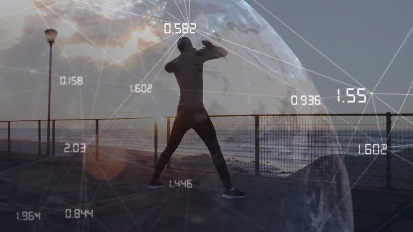 Man stretching on promenade at dawn while sun rising causing digital overlays for fitness analytics. Fitness, wellness, sunrise, digital, data, outdoor, activity - Powered by Shutterstock - Get 15% off with code: PIKWIZARD15