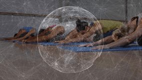 Fitness class group unrolling mats, starting child pose with animated breath icon for relaxation. Wellness, relaxation, meditation, interior, mindfulness, harmony, balance - Powered by Shutterstock - Get 15% off with code: PIKWIZARD15