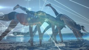 Four workout partners holding plank on beach sunrise data overlays appearing tracking leg raises. Fitness, teamwork, wellness, motivation, biomechanics, outdoors, technology - Powered by Shutterstock - Get 15% off with code: PIKWIZARD15