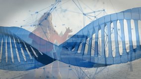 Rotating biotech helix with network nodes pulsing and revealing beach as couple walking in, hugging. Molecular structure, connectivity, scientific visualization, beach scene, romance, outdoor, - Powered by Shutterstock - Get 15% off with code: PIKWIZARD15