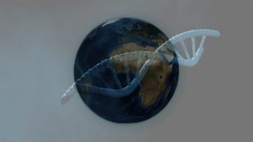 DNA helix entering frame, rotating around Earth globe to visualize genetic connection in 3D render. Scientific, innovation, biotechnology, molecular, connectivity, technology, futuristic - Powered by Shutterstock - Get 15% off with code: PIKWIZARD15