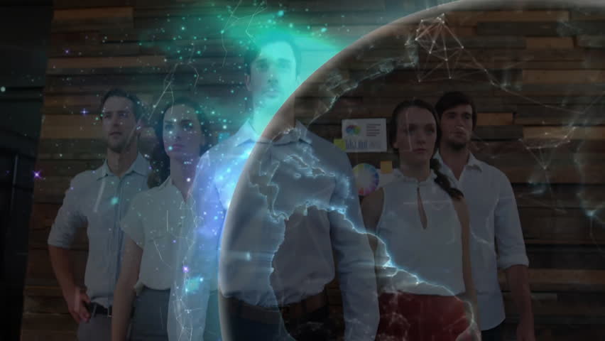Five colleagues standing in office starting holographic globe spinning network business connections. Collaboration, innovation, technology, visualization, teamwork, connectivity, modern