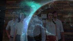 Five colleagues standing in office starting holographic globe spinning network business connections. Collaboration, innovation, technology, visualization, teamwork, connectivity, modern - Powered by Shutterstock - Get 15% off with code: PIKWIZARD15