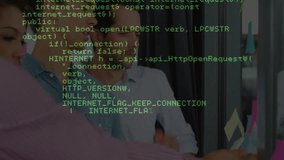 Engineer gesturing at code overlay urging lead placing pink notes on glass wall API workflow. Collaboration, innovation, modernity, technology, teamwork, planning, brainstorming - Powered by Shutterstock - Get 15% off with code: PIKWIZARD15