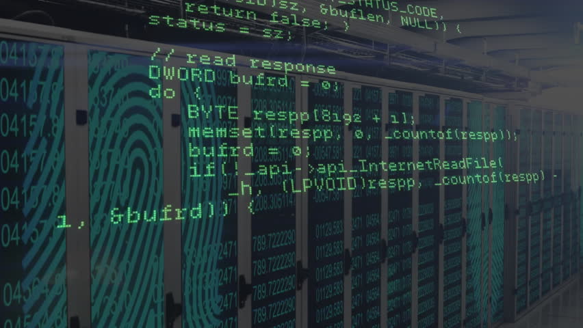 Vertically scrolling green C code starting InternetReadFile over red fingerprint server racks. Cybersecurity, data centers, digital infrastructure, technological innovation, programming, network - Powered by Shutterstock - Get 15% off with code: PIKWIZARD15