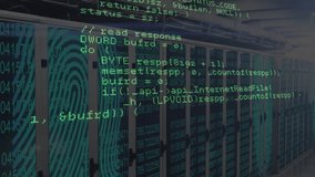 Vertically scrolling green C code starting InternetReadFile over red fingerprint server racks. Cybersecurity, data centers, digital infrastructure, technological innovation, programming, network - Powered by Shutterstock - Get 15% off with code: PIKWIZARD15