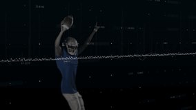 Football player raising football triggers data waveform, releasing ball, celebrating in sports tech. Athletics, innovation, kinetic, digital, motion, performance, futuristic - Powered by Shutterstock - Get 15% off with code: PIKWIZARD15