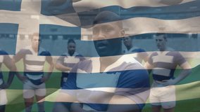 Rugby coach and teammates huddling as graphic overlay triggers Greek flag waving to showcase unity. Team, camaraderie, unity, strength, athleticism, training, teamwork - Powered by Shutterstock - Get 15% off with code: PIKWIZARD15