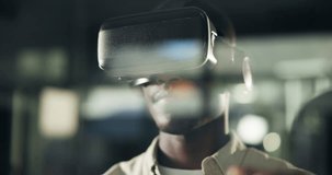 Virtual reality, headset and black man with 3d gaming for metaverse, cyberspace or esports. VR glasses, fantasy and African male person with goggles for interactive video game with simulation. - Powered by Shutterstock - Get 15% off with code: PIKWIZARD15