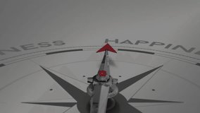 Red pointer rotating on 3D compass while digital icons appearing guiding pointer toward HAPPINESS. Navigation, technology, innovation, connectivity, digital, abstract, futuristic - Powered by Shutterstock - Get 15% off with code: PIKWIZARD15