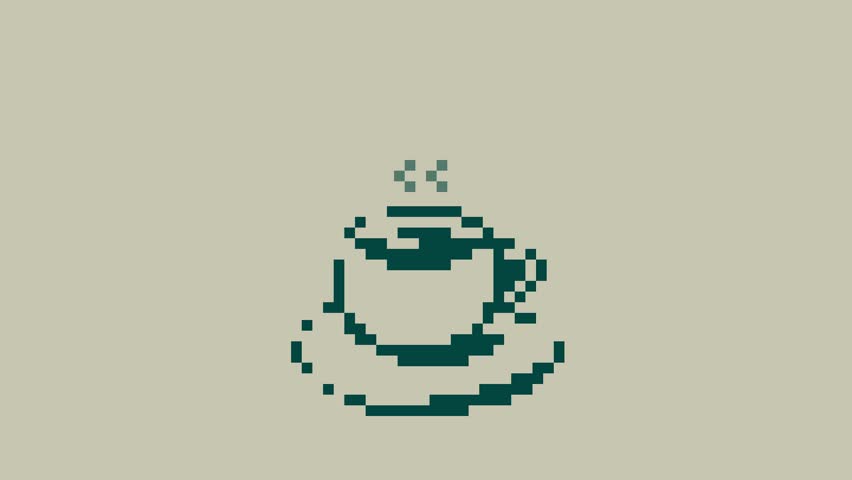 Minimalist video pixel art illustration of a steaming cup of coffee or tea with green pastel color background, perfect for games, retro designs, lofi background, icon and digital interfaces.  - Powered by Shutterstock - Get 15% off with code: PIKWIZARD15