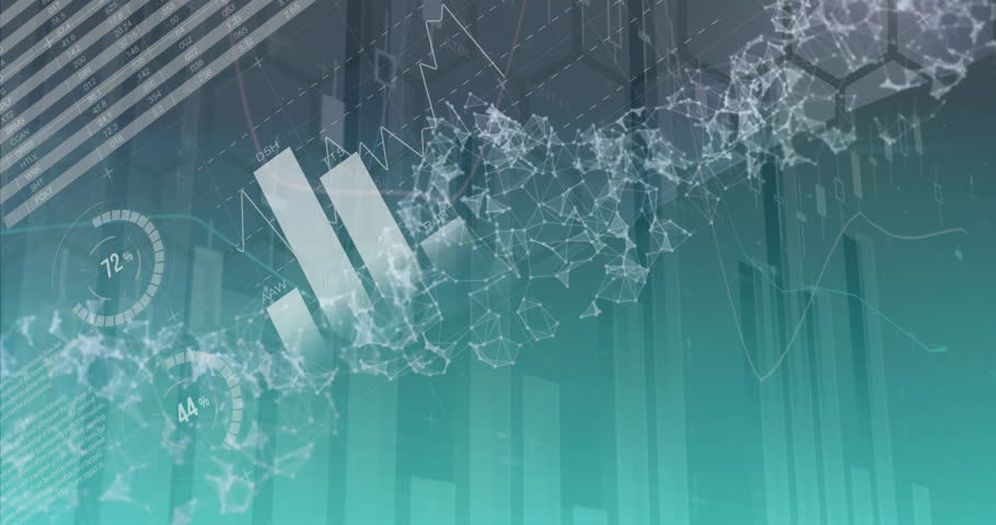 Particle network starting on teal background weaving through bars, animating charts, updating stats. Futuristic, digital, analytics, technology, data, innovation, abstract