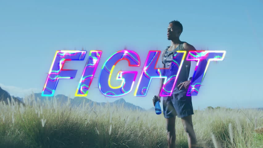 Fitness athlete standing in foothills, glitch forming FIGHT graphic, drinking water cooling head. Athlete, adventure, landscape, resilience, determination, vitality, energy
