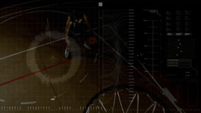 Basketball player dribbling, driving from red line toward hoop while technology HUD analyzing stats. Sports, competition, agility, motion, digital, futuristic, athleticism - Powered by Shutterstock - Get 15% off with code: PIKWIZARD15