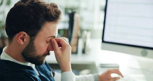 Stress, tired nurse and man in hospital with eye strain, exhausted or overwork with glasses. Healthcare, fatigue and medical worker with burnout, headache or brain fog with mistake on computer screen - Powered by Shutterstock - Get 15% off with code: PIKWIZARD15
