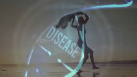 Dancer stepping onto shoreline after glowing helix emerging, revealing DISEASE stamp in health HUD. Futuristic, technology, wellness, innovation, abstract, artistry, harmony - Powered by Shutterstock - Get 15% off with code: PIKWIZARD15