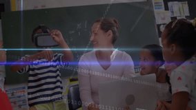 Schoolboy lifting virtual reality headset, engaging binary data lines during classroom tech lesson. Education, classroom, technology, innovation, learning, interaction, digital - Powered by Shutterstock - Get 15% off with code: PIKWIZARD15