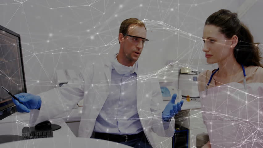 Male doctor bringing pointer to monitor, educating patient on diagnostic data with network overlay. Medical, consultation, diagnostics, healthcare, education, professional, clinical