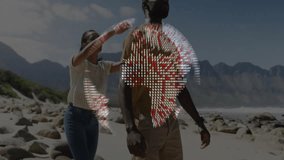 Woman leaping onto man's back starting piggyback with rotating digital globe over beach for travel. Romantic, adventure, connection, serenity, exploration, natural, joyful - Powered by Shutterstock - Get 15% off with code: PIKWIZARD15