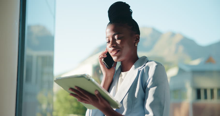 Phone call, happy and black woman on tablet for accounting, economy update or finance report. Consulting, smile or financial advisor talking for advice, research or investment portfolio in business