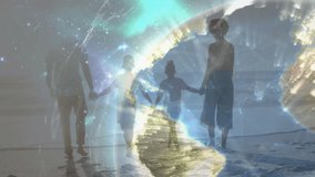 Family of four holding hands while walking on sunset beach with tech globe overlay fading, rotating. Family, unity, togetherness, serenity, connectivity, exploration, innovation - Powered by Shutterstock - Get 15% off with code: PIKWIZARD15