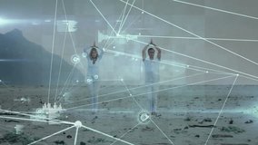 digital overlay pulsing sparking couple on beach holding yoga prayer pose monitoring health data. Digital, connection, harmony, mindfulness, forecasting, fitness, tranquility - Powered by Shutterstock - Get 15% off with code: PIKWIZARD15